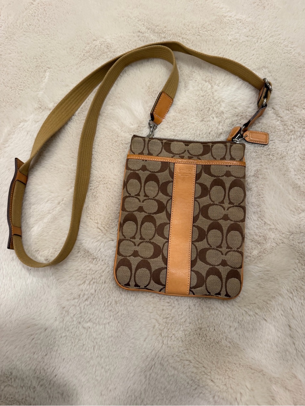 Coach Brown Signature Canvas Crossbody with Tan Leather Trim